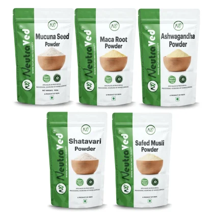 Combo Safed Musli, Ashwagandha, Shatavari, Kaunch Beej (Mucuna Pruriens) and Maca Root Powder  image 1